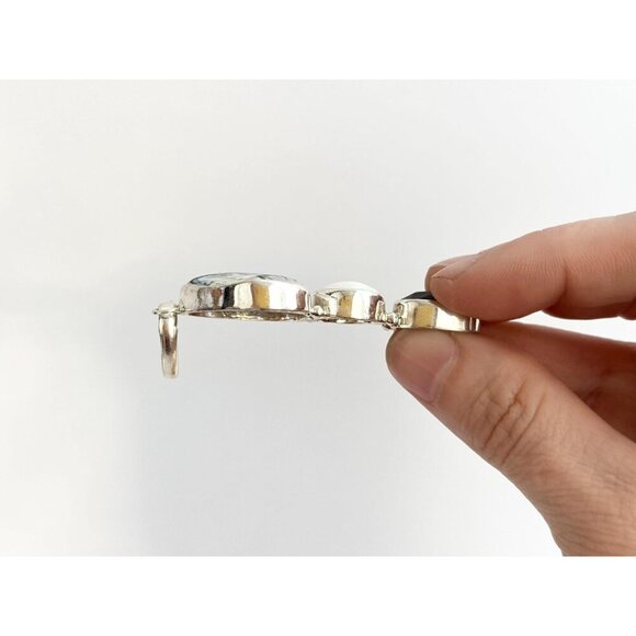 Agate, Mother of Pearl & Aquamarine Gemstone Sterling Silver 925 Vintage Pendant - Picture 7 of 10